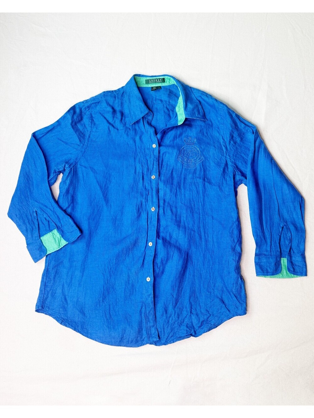 Lauren Ralph Lauren Blue Linen Crest Button Down Shirt L Green Trim